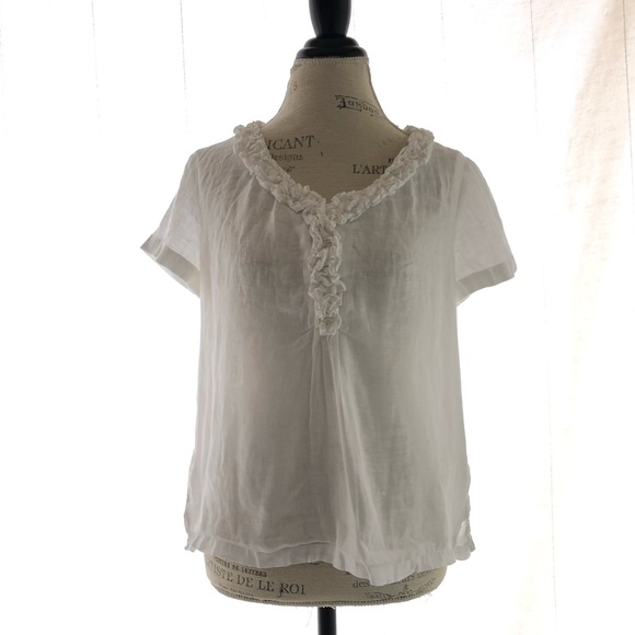 Talbots Petite Linen White Blouse Short Sleeve Ruffled Neckline - Picture 10 of 10
